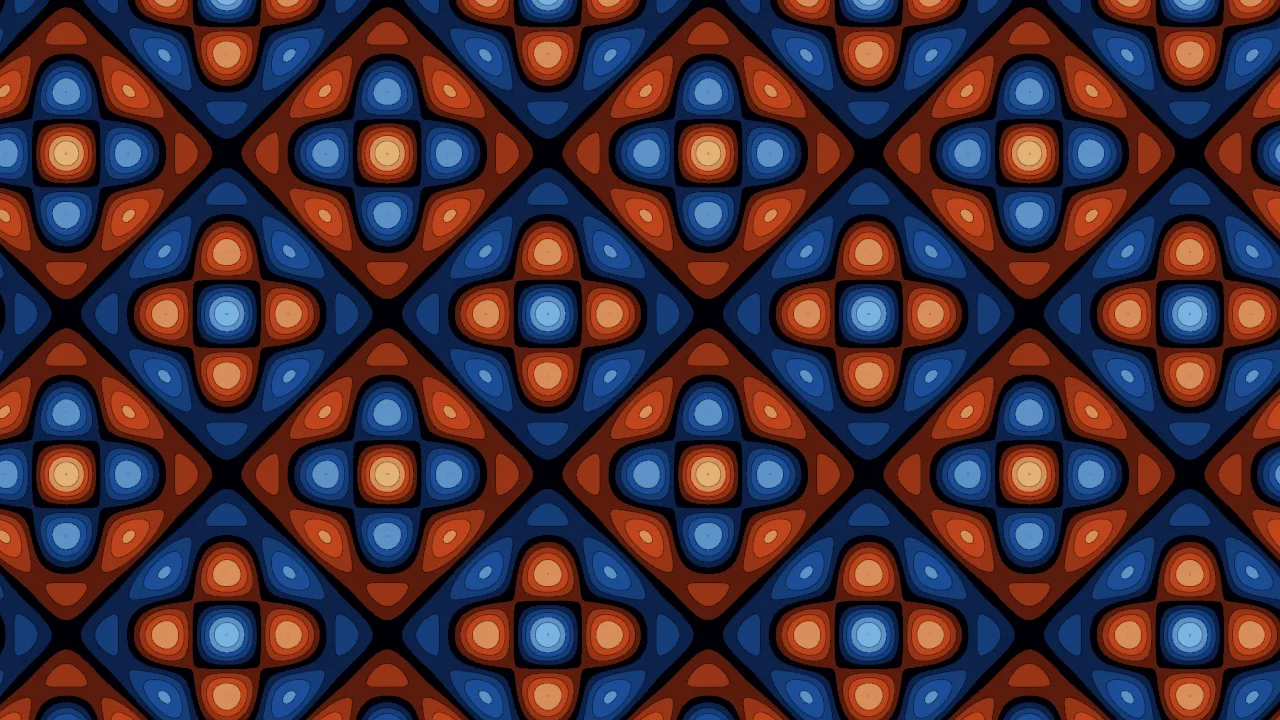 A Chladni plate's whole signed wave: a diamond lattice of hot orange and cold blue cells, each
stepped into flat nested terraces, with black nodal seams between them