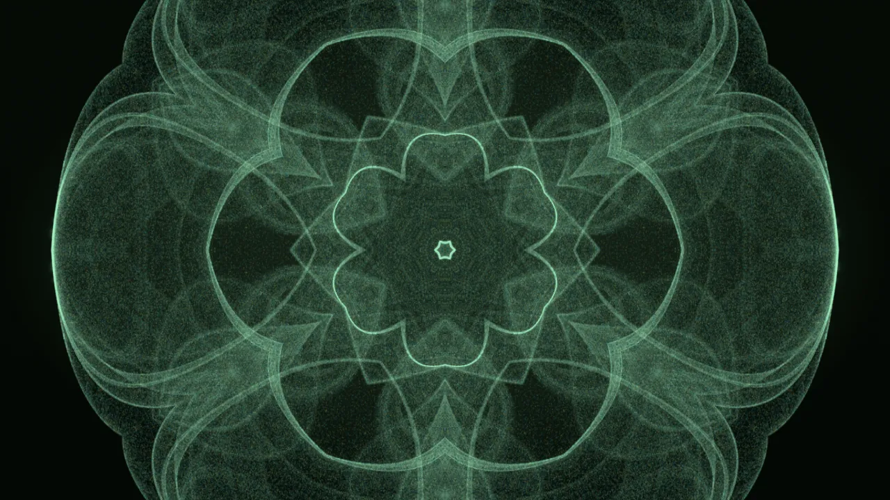 A luminous sea-green rosette of fine particle filaments, eight-fold symmetric, dense at the centre
and feathering out to soft lobes on black