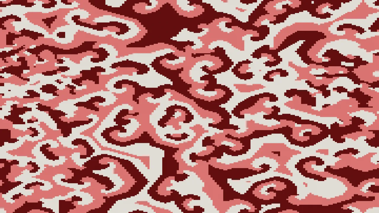 Interlocking spirals of three flat colours — deep maroon, coral red and bone white — covering the
whole frame, their arms curling round dozens of small cores