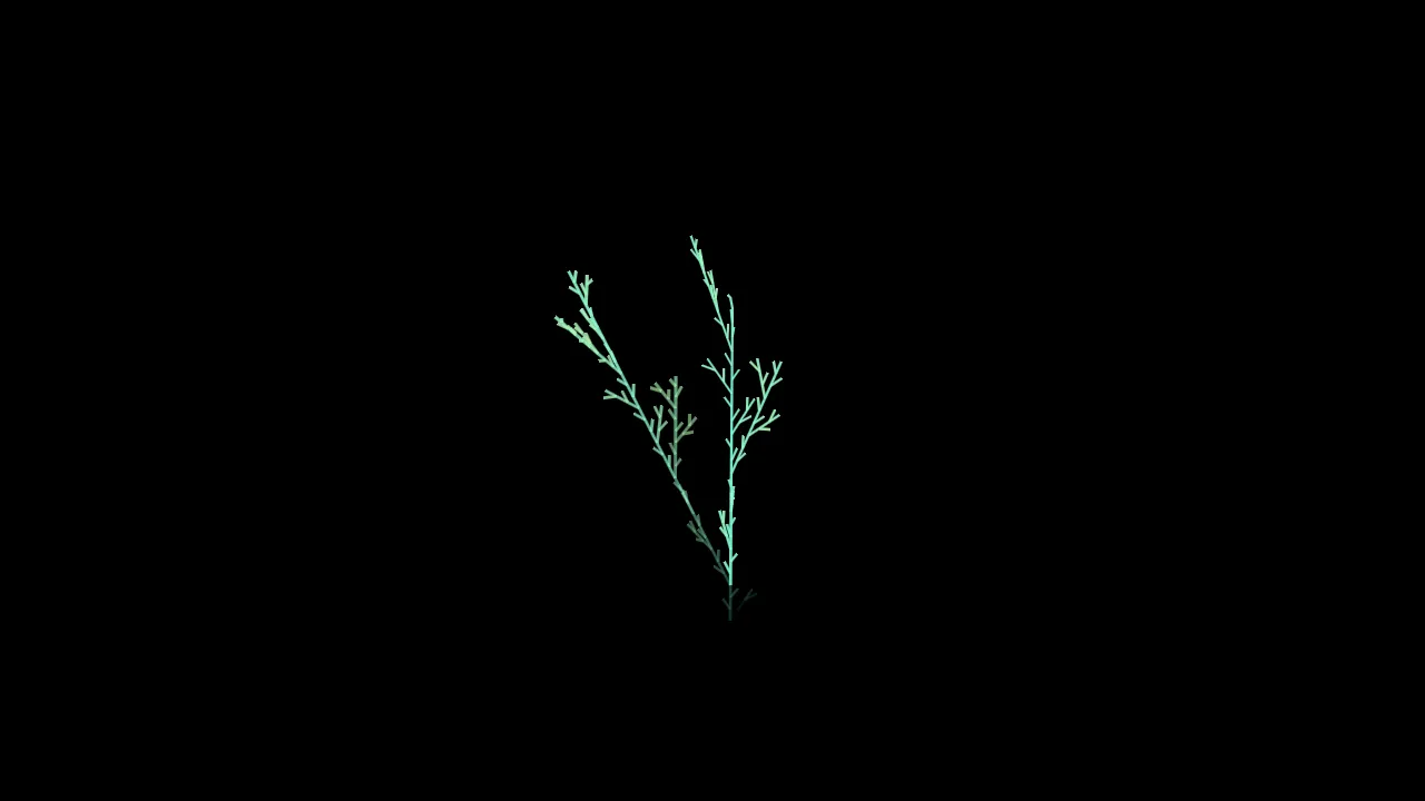 A mint-green branching vine on black, rising from a faded dark stem, its side shoots short and
evenly spaced