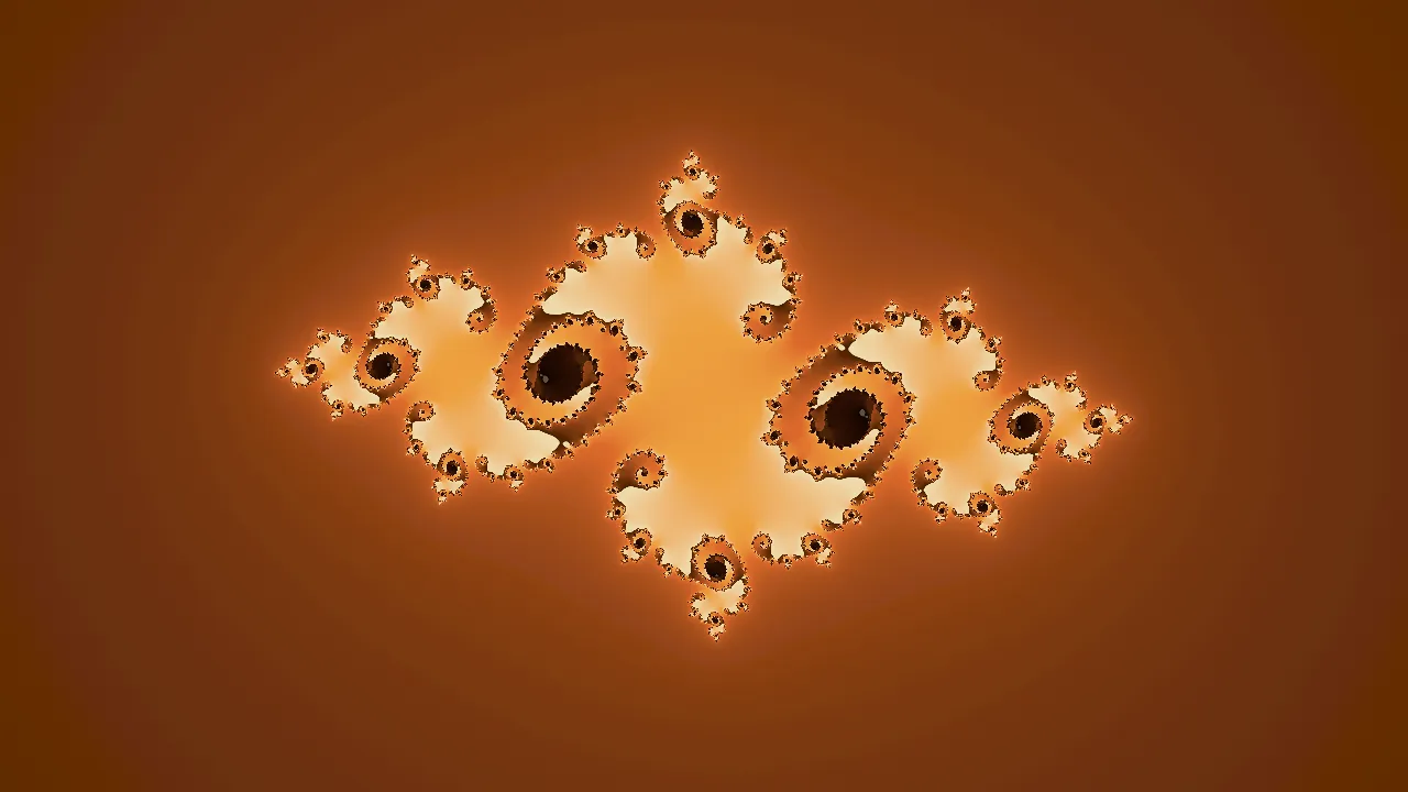 A Julia set glowing cream and amber against a dark umber ground: a chain of spiralling lobes
stretched across the frame, each ringed by fine filigree, with two dark eyes where the set's
interior shows