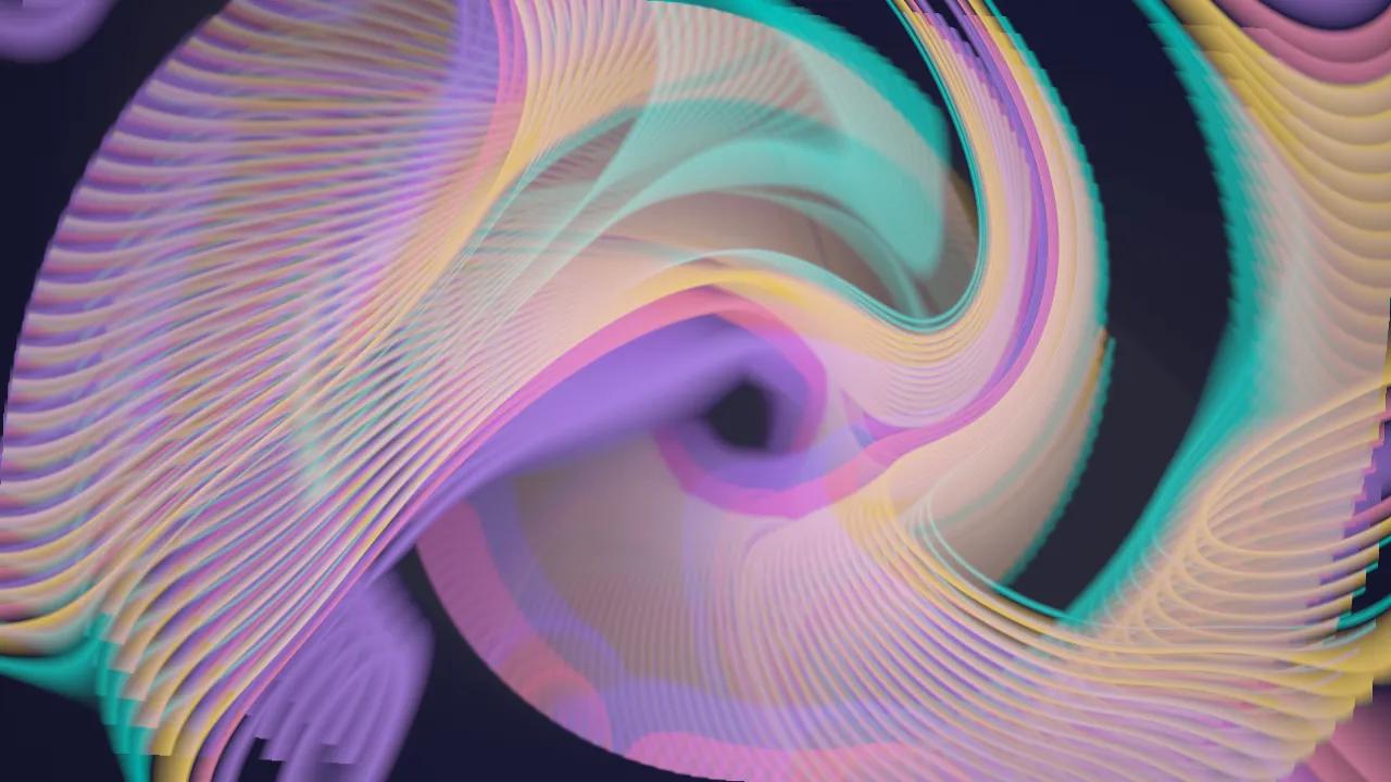 Pastel ribbons — mint, lavender and cream — swirling in a wide vortex against near-black, with
fine parallel striations along each ribbon