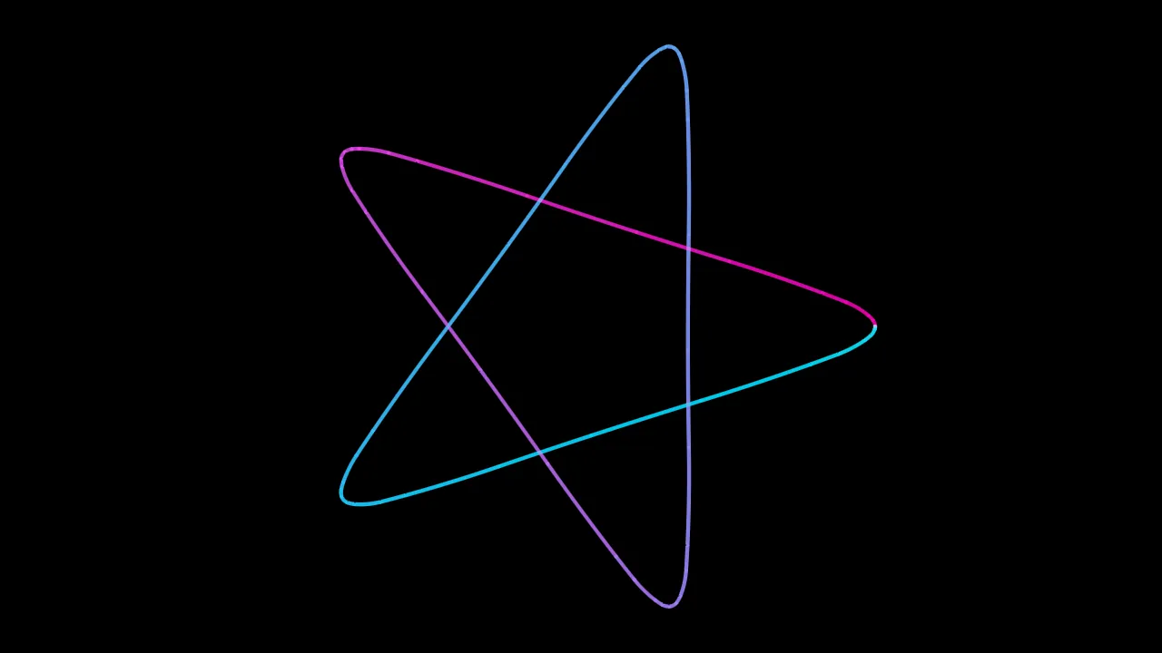 A spirograph pentagram: one looping line tracing a five-pointed star with rounded tips, magenta
shading to cyan, on black