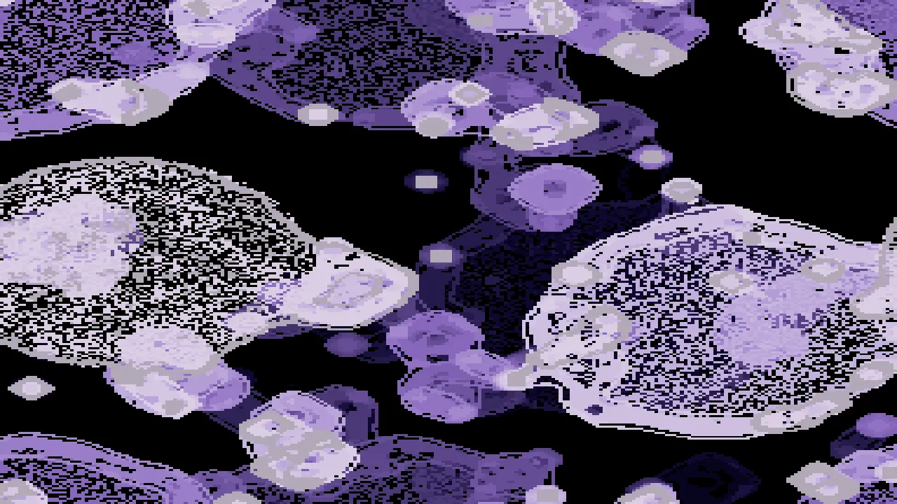 Large pale-violet blobs with speckled interiors and bright rims on black, chains of smaller
rounded cells in lilac and indigo linking them across the frame