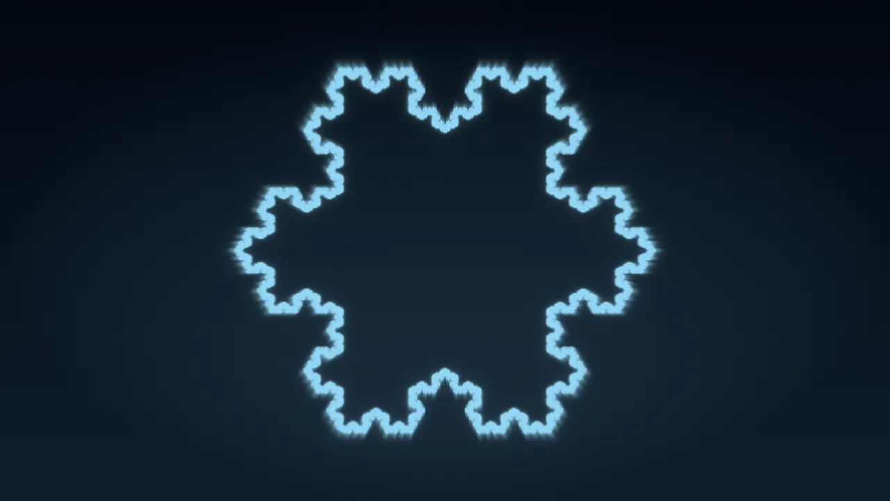 A pale ice-blue Koch snowflake outline on a dark slate ground: one closed crystalline edge, its
facets furred by a faint outward trail