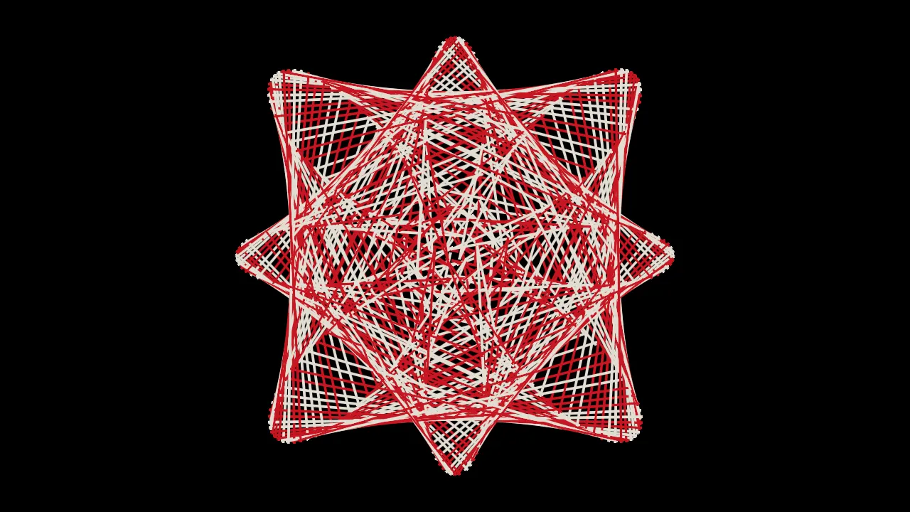 Crisp red and cream straight chords on black, interlaced into an eight-pointed star with bowed
sides: a Maurer rose drawn as one continuous line