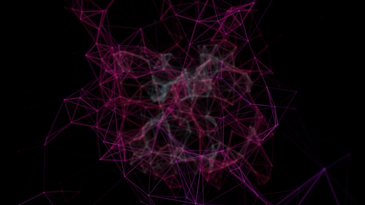 A loose cube of fine blue lines on black, seen in perspective: a few hundred small dots, each joined
by thin straight lines to its nearest neighbours, the network densest at the centre and fraying into
single strands toward the edges