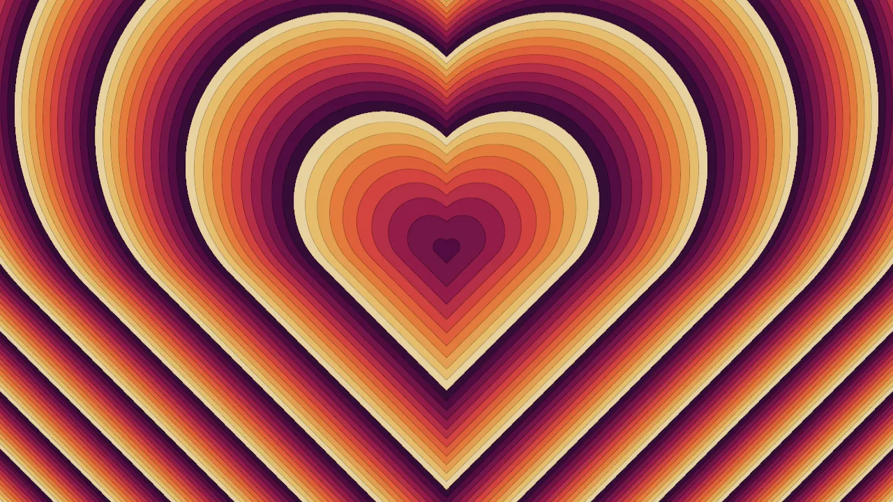 Concentric heart-shaped bands in plum, crimson, orange and cream, each a scaled copy of the heart
nested down to a tiny plum heart at the centre, with fine parallel striations at the
corners