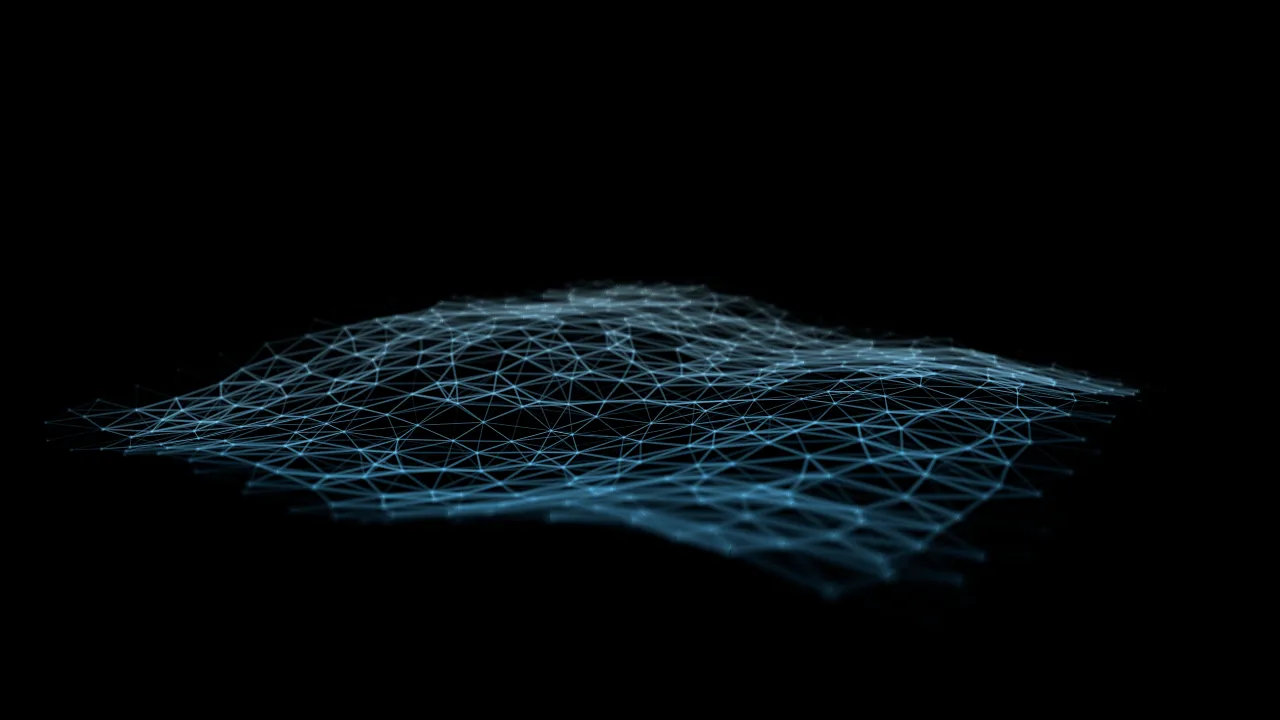 A rippled sheet of linked points seen across at a low angle: a band of crisp pale-blue triangles
through the middle distance, the near edge widening into soft out-of-focus strokes and the far edge
dissolving into haze