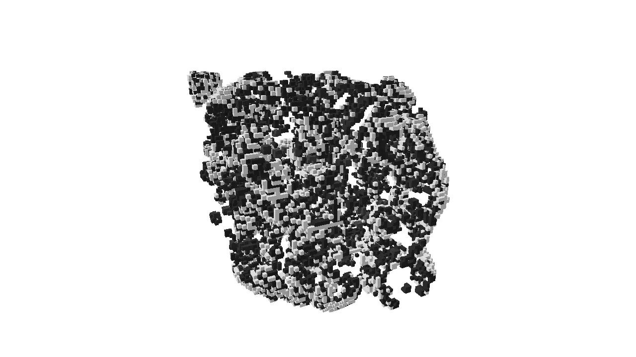 A porous block of small near-black cubes on a white page, full of holes that show into it: each
cube is lit from the upper left, its sides a shade darker, and pale decaying cells sit in the gaps
inside