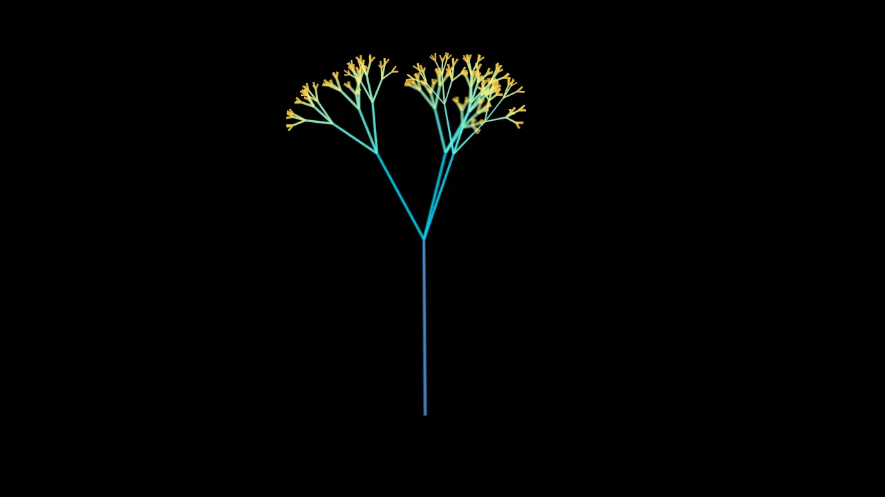 A branching tree on black: a pale blue trunk forks into cyan limbs that end in clusters of golden
twigs, the farther clusters softened