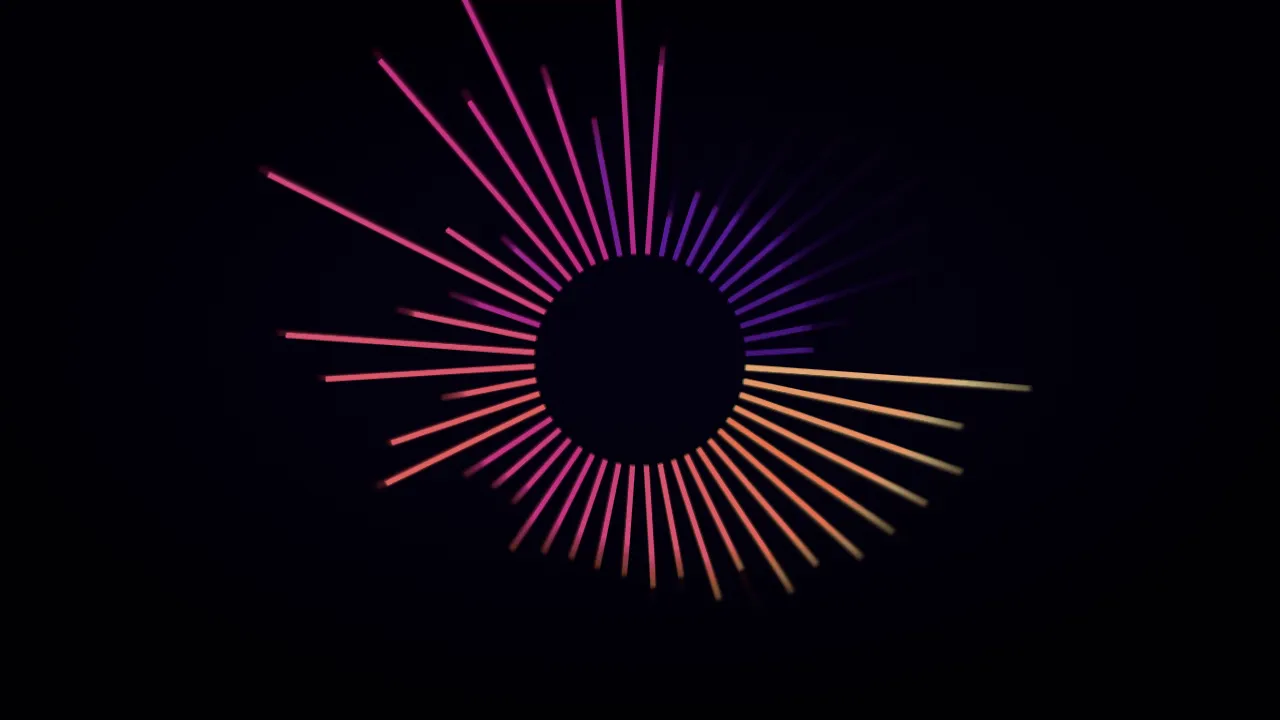 A radial spectrum readout: a ring of thin spokes of one width around an empty centre on black,
each spoke's length its own band, long magenta spokes to the upper left, short violet ones to the
upper right and warm orange ones below