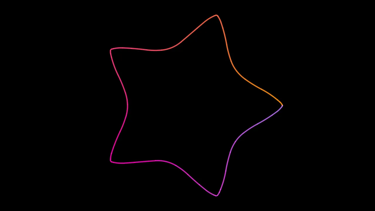 A superformula starfish: one closed outline with five pointed arms and softly curved waists,
orange shading to violet, on black