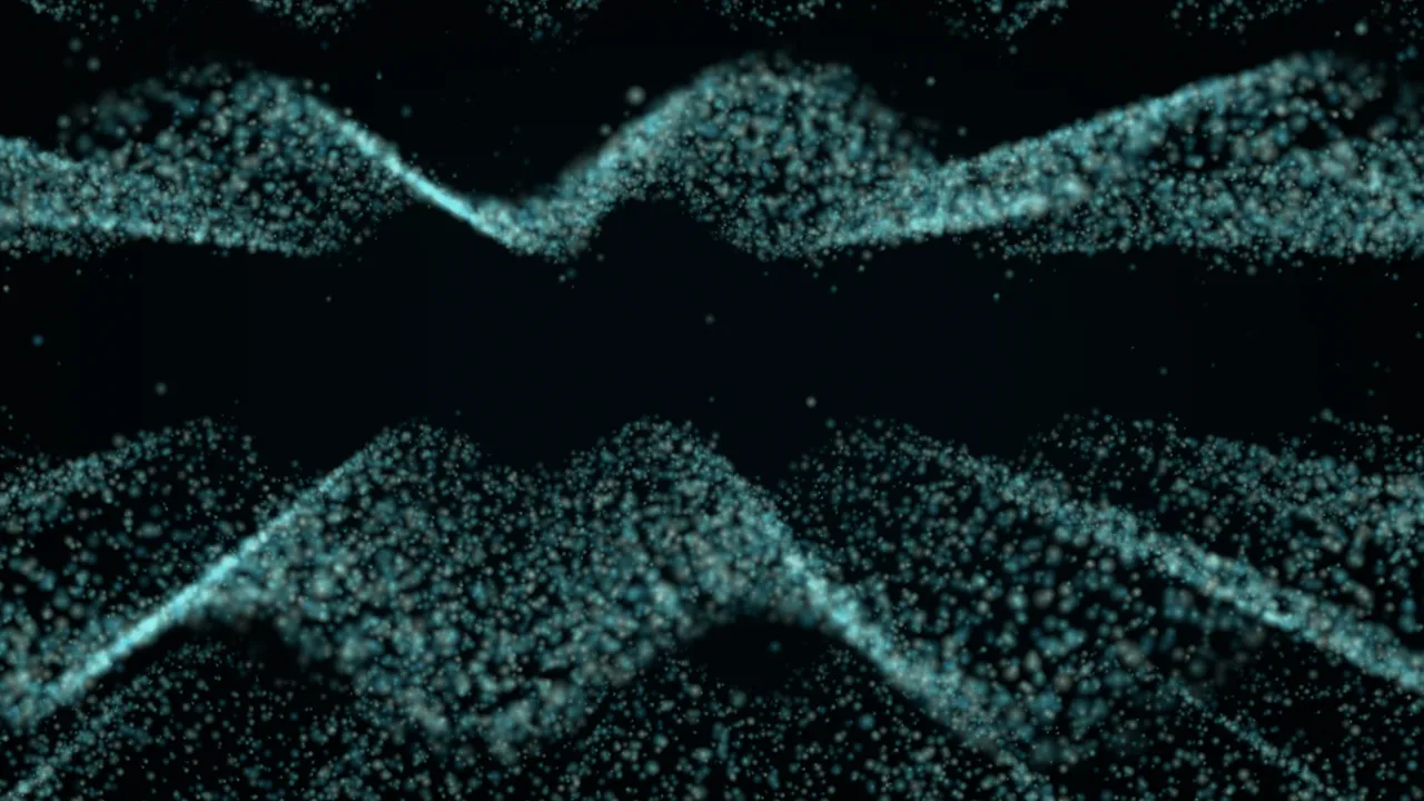 Thousands of teal marks gathered into two wavy ribbons running across a black field, one high
and one low, each twisting through a bright seam at every turn; the nearer marks are larger and
softly blurred, the farther ones small and dim