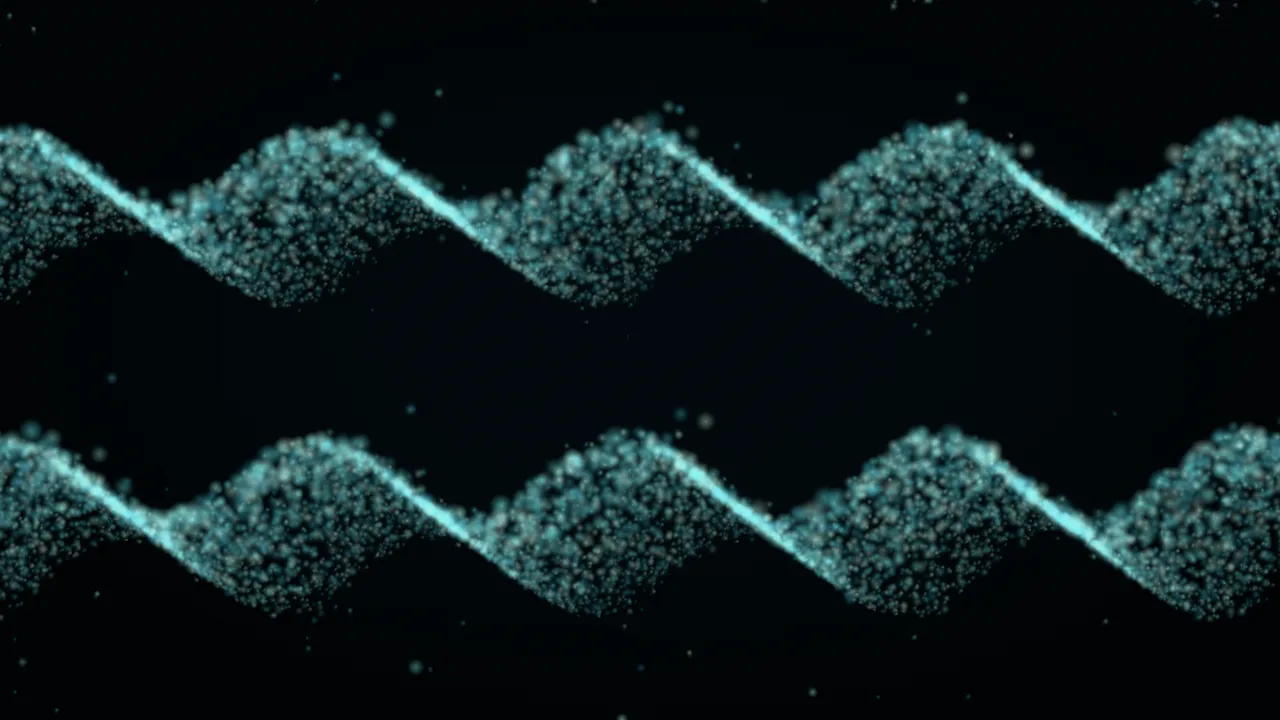 Thousands of small teal marks gathered into two parallel wavy ribbons running across a black
field, each ribbon twisting through a bright seam at every turn