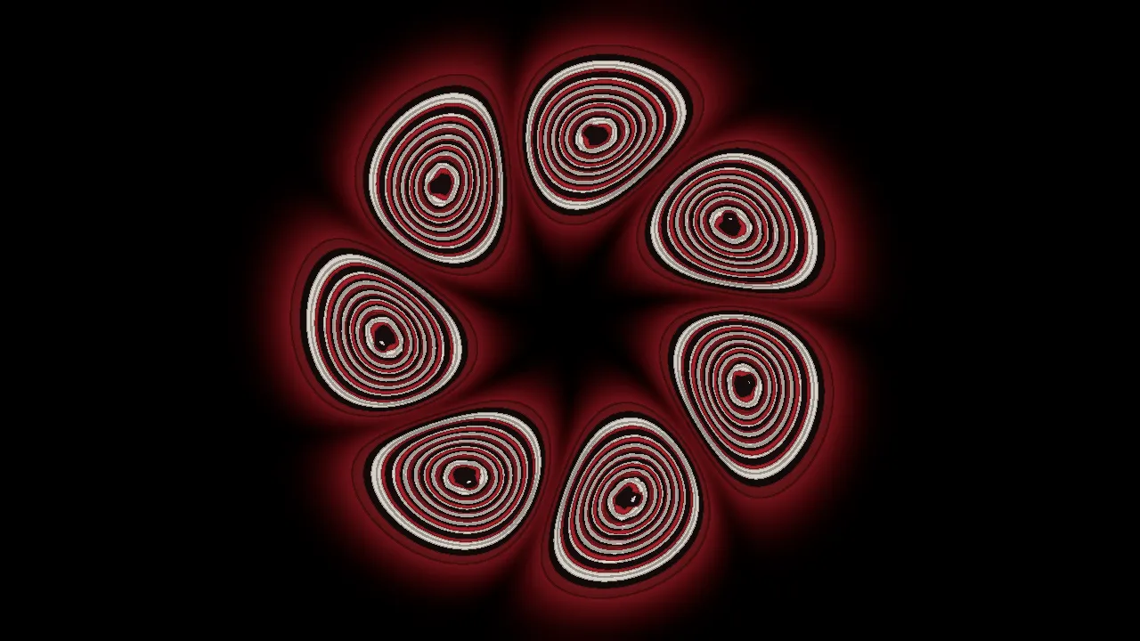 Seven rounded lobes in a ring around a dark centre on black, each lobe a whorl of concentric
cream and crimson contour lines like a cut agate, the ring haloed in a soft red glow