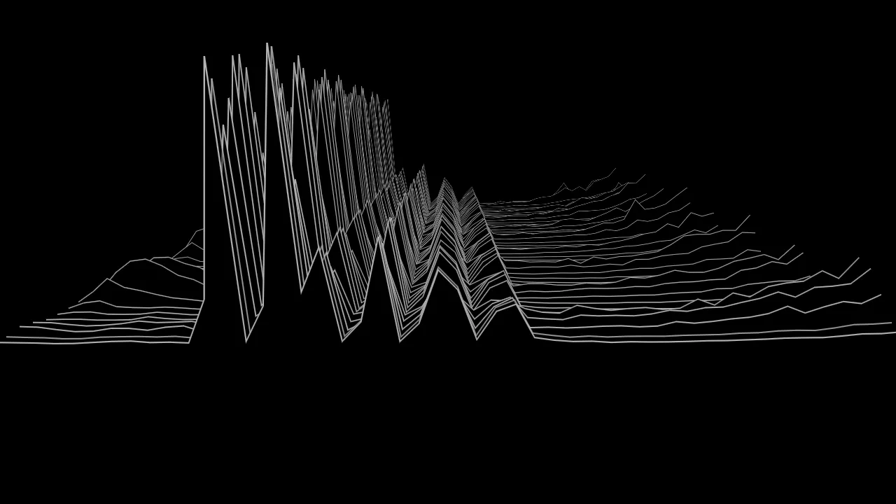White ridge lines on black seen almost edge-on: row after row of the music's spectrum stacked
front to back, tall jagged peaks crowded at the low end on the left settling into a low, calm plain
on the right