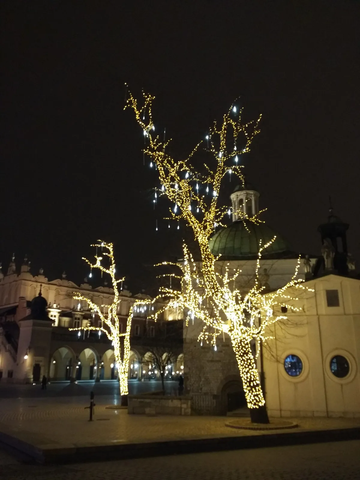 The Main Market Square in Kraków at night: two bare trees wrapped in white fairy lights, the arcades of the Cloth Hall lit behind them
