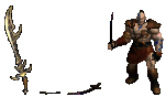 Djinnslayer: the inventory picture of a curved sword, its drop frames and a character holding it