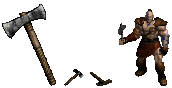 Lacerator, a unique throwing axe: the inventory picture, its drop frames and a Barbarian holding it