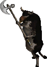 A Hell Bovine: a cow standing on two legs, holding a halberd