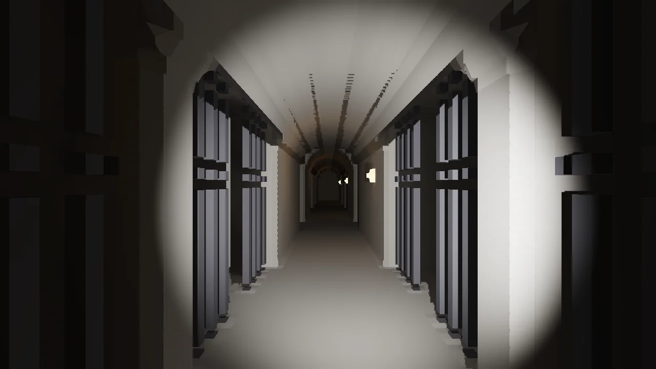 The same corridor with bounce light: the walls and cell bars outside the lamp cone dimly visible in grey, a warm tint near the torches