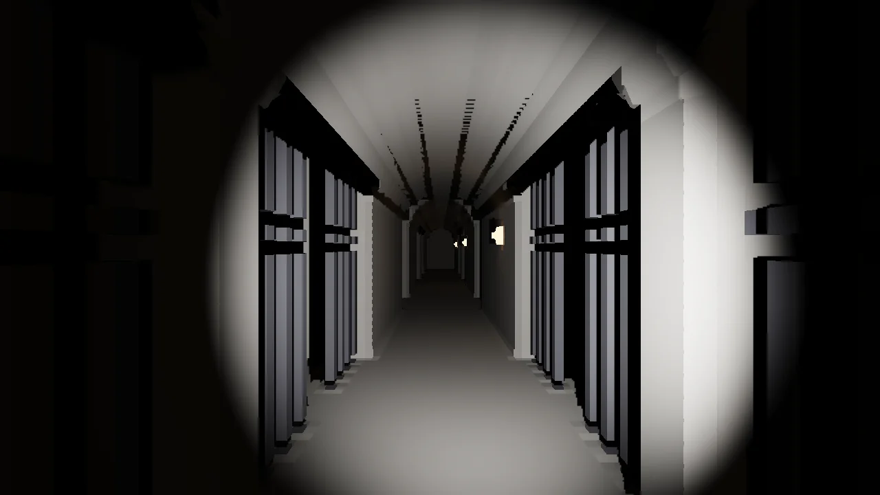 A long stone corridor with barred cells on both sides, lit only inside the round cone of the headlamp; everything outside it black