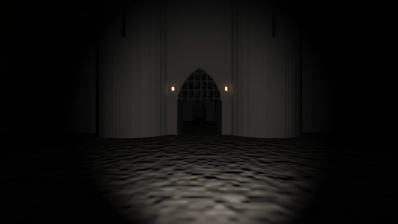 A pointed gothic gate with a portcullis in a tall pale wall, two small torches burning beside it, a cobbled floor lit by the headlamp