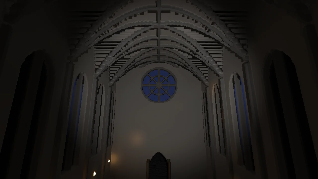 The inside of a gothic chapel: ribbed vaults overhead, tall narrow blue windows on both sides, a round blue rose window at the end, torches low on the walls