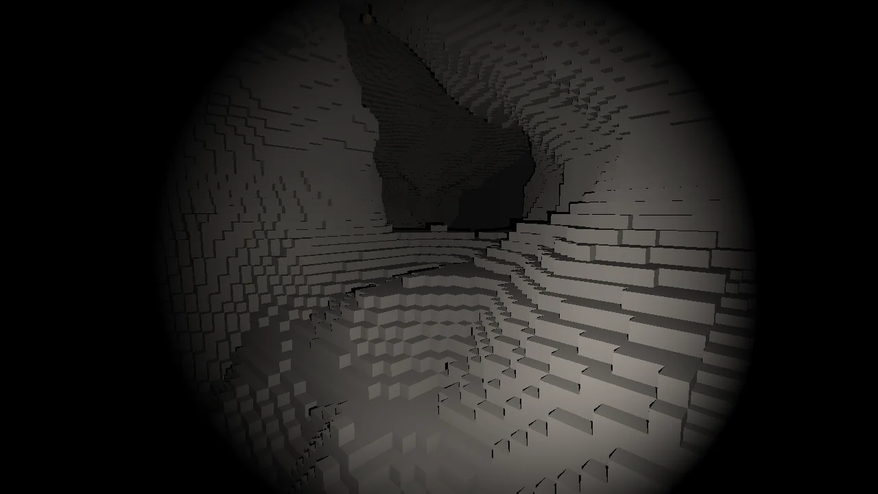 The same cavern drawn with 20 cm cells: the stepped floor is coarser, the shapes the same
