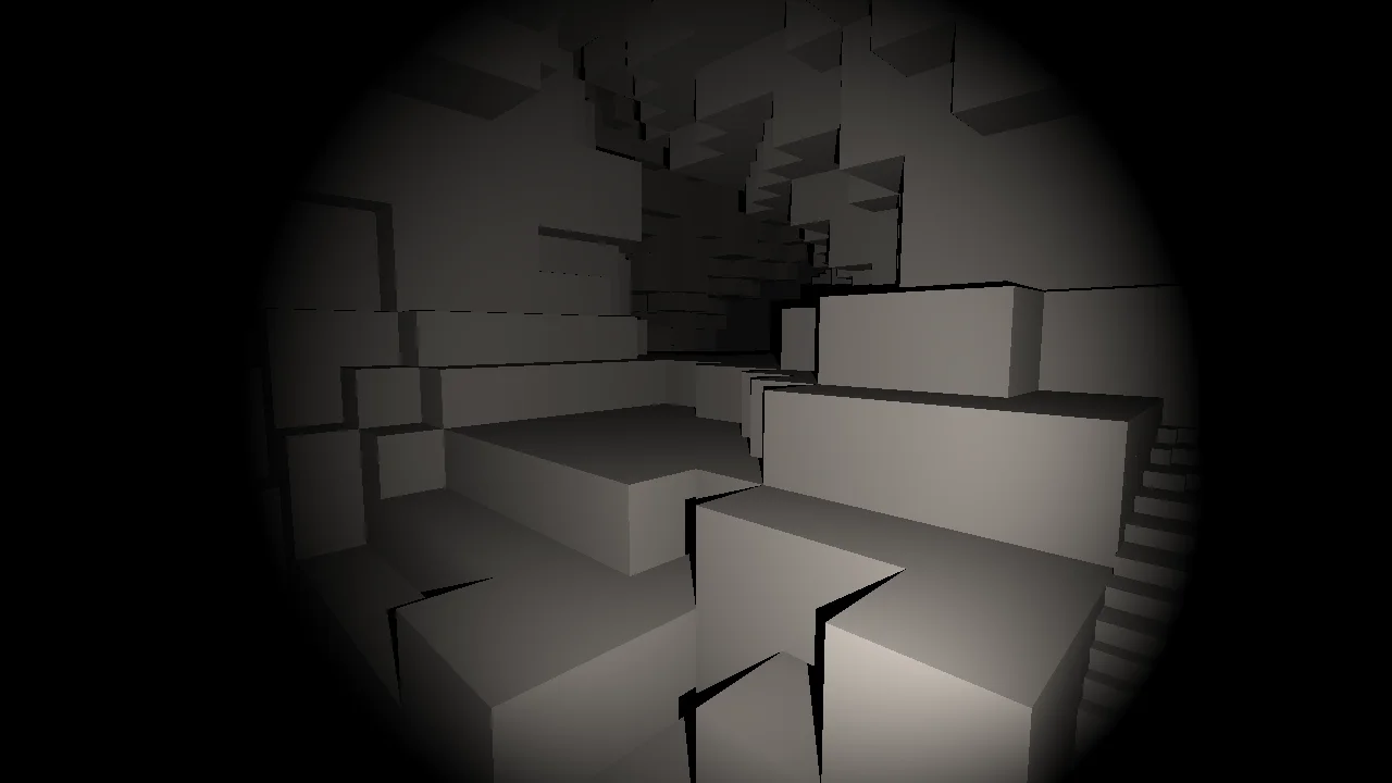 The cavern drawn with 80 cm cells: a few large blocks, the floor a staircase of slabs