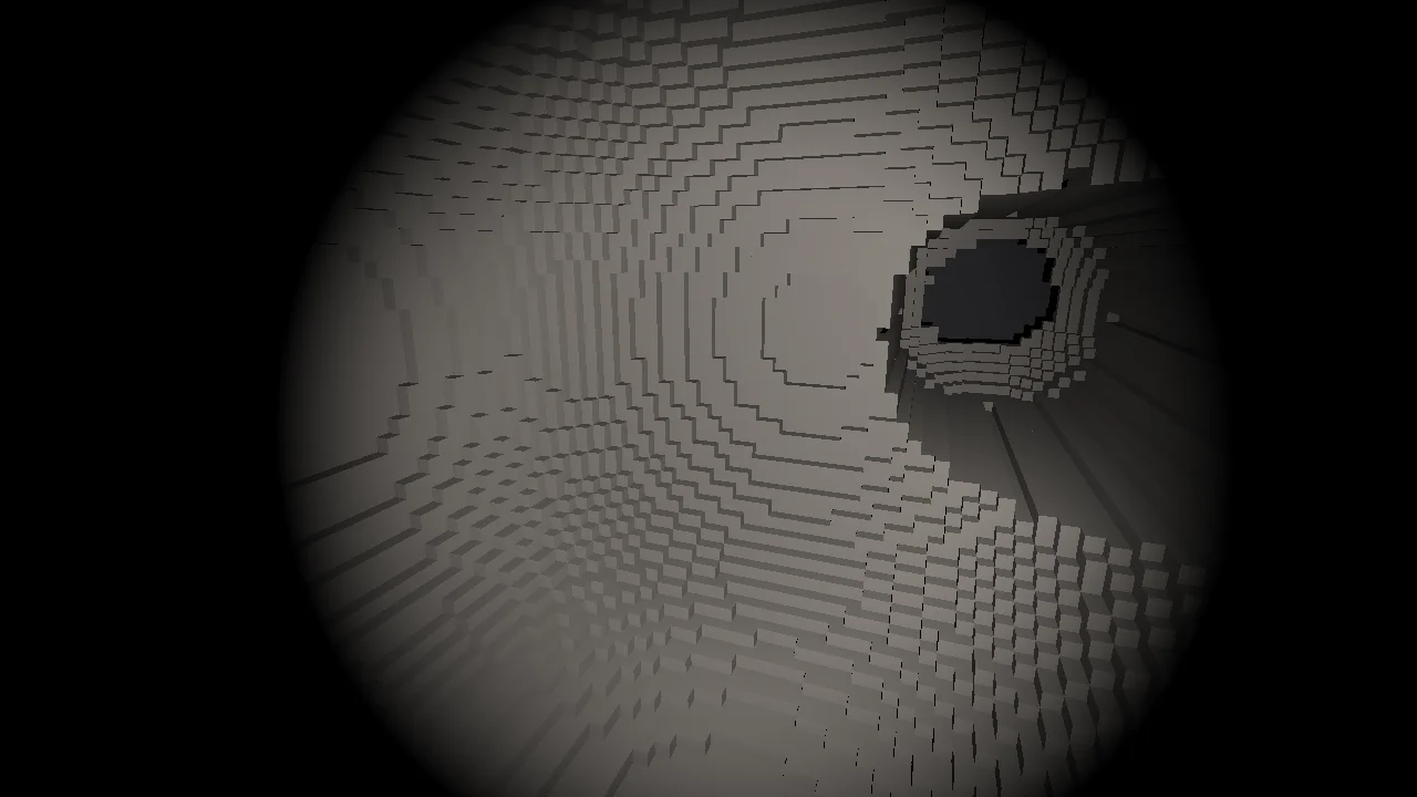 Inside a spherical chamber carved into rock, with the round opening of the tunnel in its wall