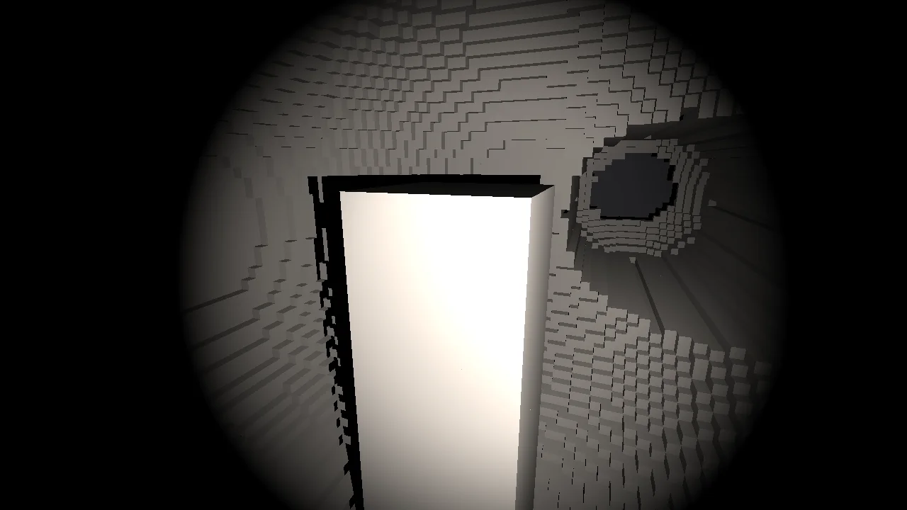 A bright rectangular column of rock standing in the carved chamber, very close to the lamp, with the tunnel opening behind it