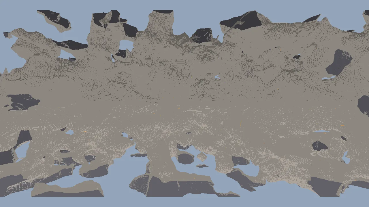 A cross-section of the voxel level seen from outside: a band of grey rock with the lit far walls of many caverns visible through it, and grey-blue sky above, below and through the gaps