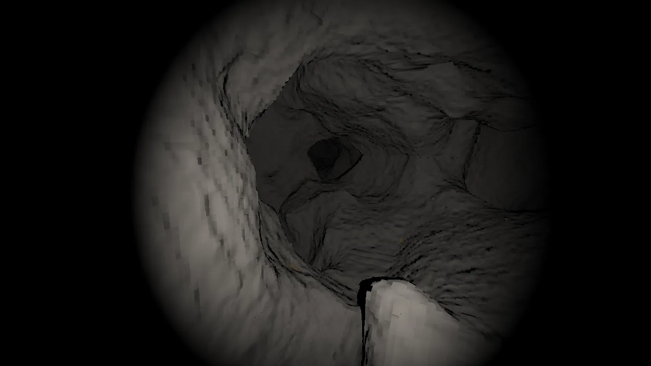 The same cave passage drawn with contour planes and rock detail: smooth rounded walls with fine grain, the cubes gone