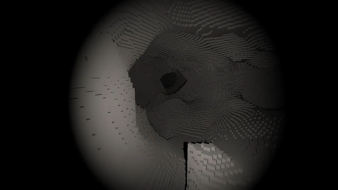 A cave passage under a headlamp drawn with face normals: every voxel a visible cube, the walls stepped