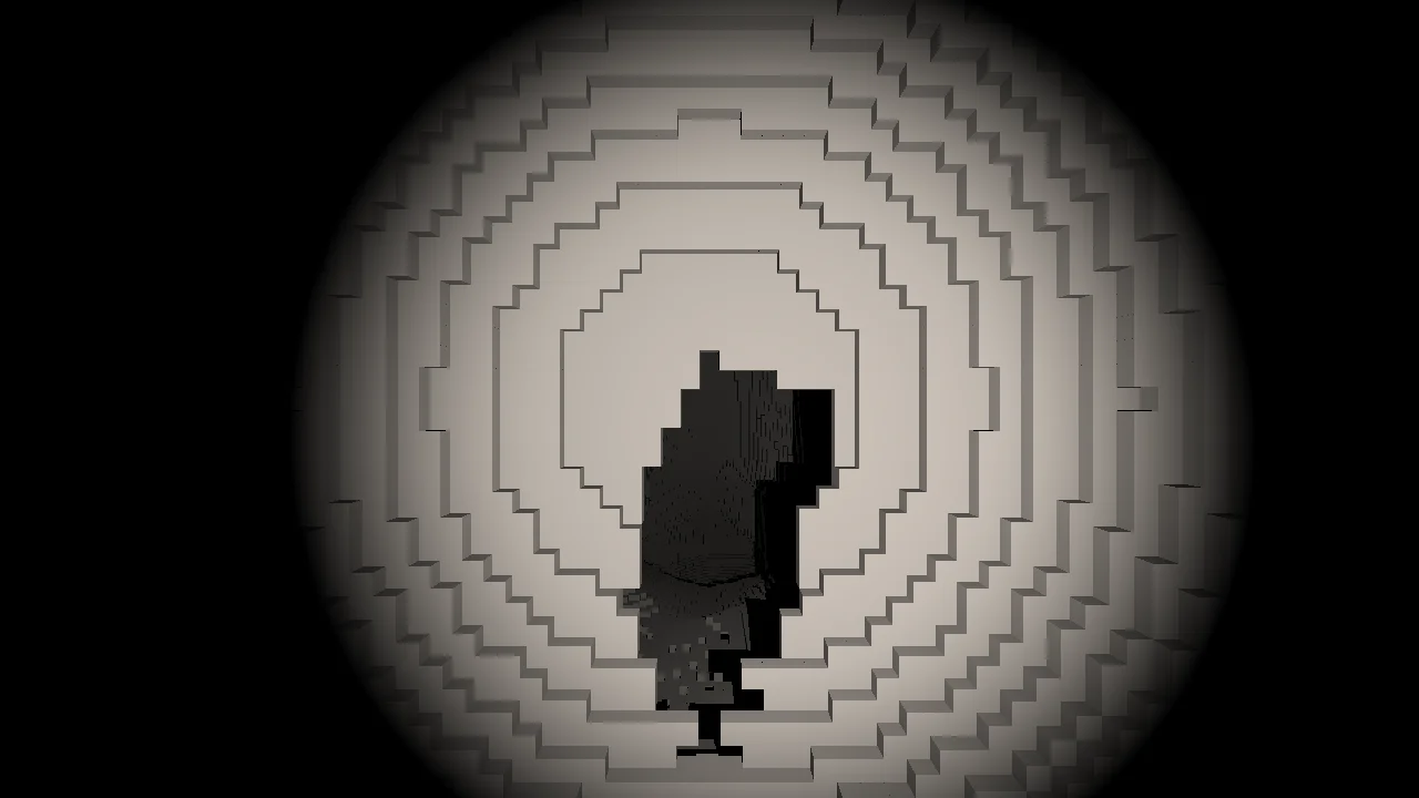 A spherical pocket of air in grey voxel rock, lit by a cone of light from the viewer, with the stepped rings of the sphere visible and a dark opening ahead