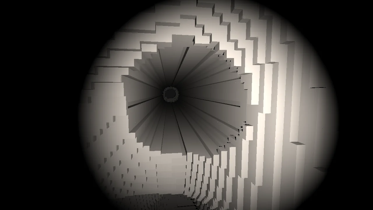 A round tunnel of one metre radius carved straight into voxel rock, seen from its mouth, its walls stepped in 10 cm voxels under the headlamp