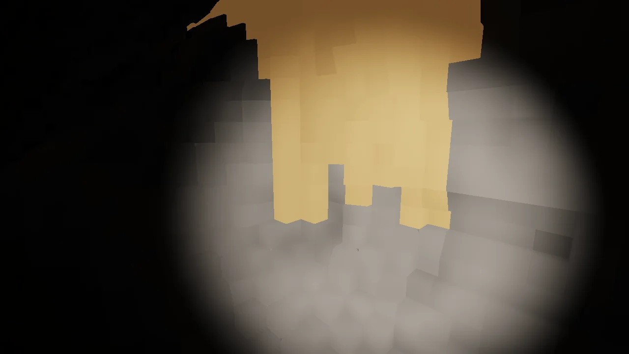 A cave wall under a headlamp, a vein of warm yellow glowing ore running down it, grey rock blocks below lit by the lamp and faintly by the ore
